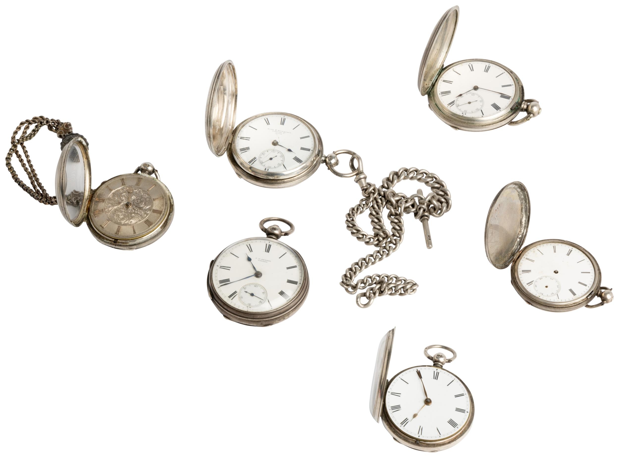 SIX VARIOUS SILVER WATCHES. 3 hunting cased, 3 open faced and 2 chains. (6) - Image 3 of 3