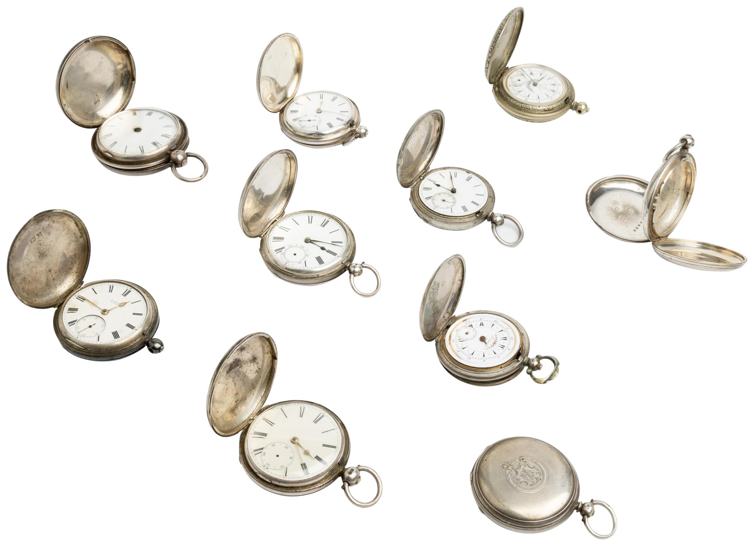 SEVEN HUNTING CASED ENGLISH SILVER WATCHES; a Swiss silver hunter with shooting and racing scenes; - Image 2 of 2