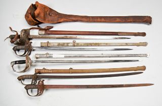 A DEVONSHIRE RIFLES OFFICERS SWORD with etched blade and four others. Various conditions.