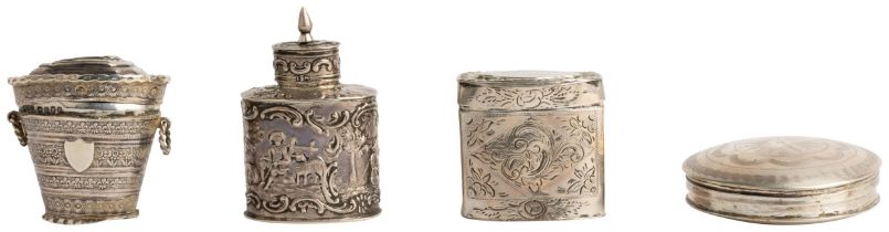 FOUR DUTCH SILVER BOXES, C. 1860 Four boxes of various designs with marks for Holland 1850-1880.