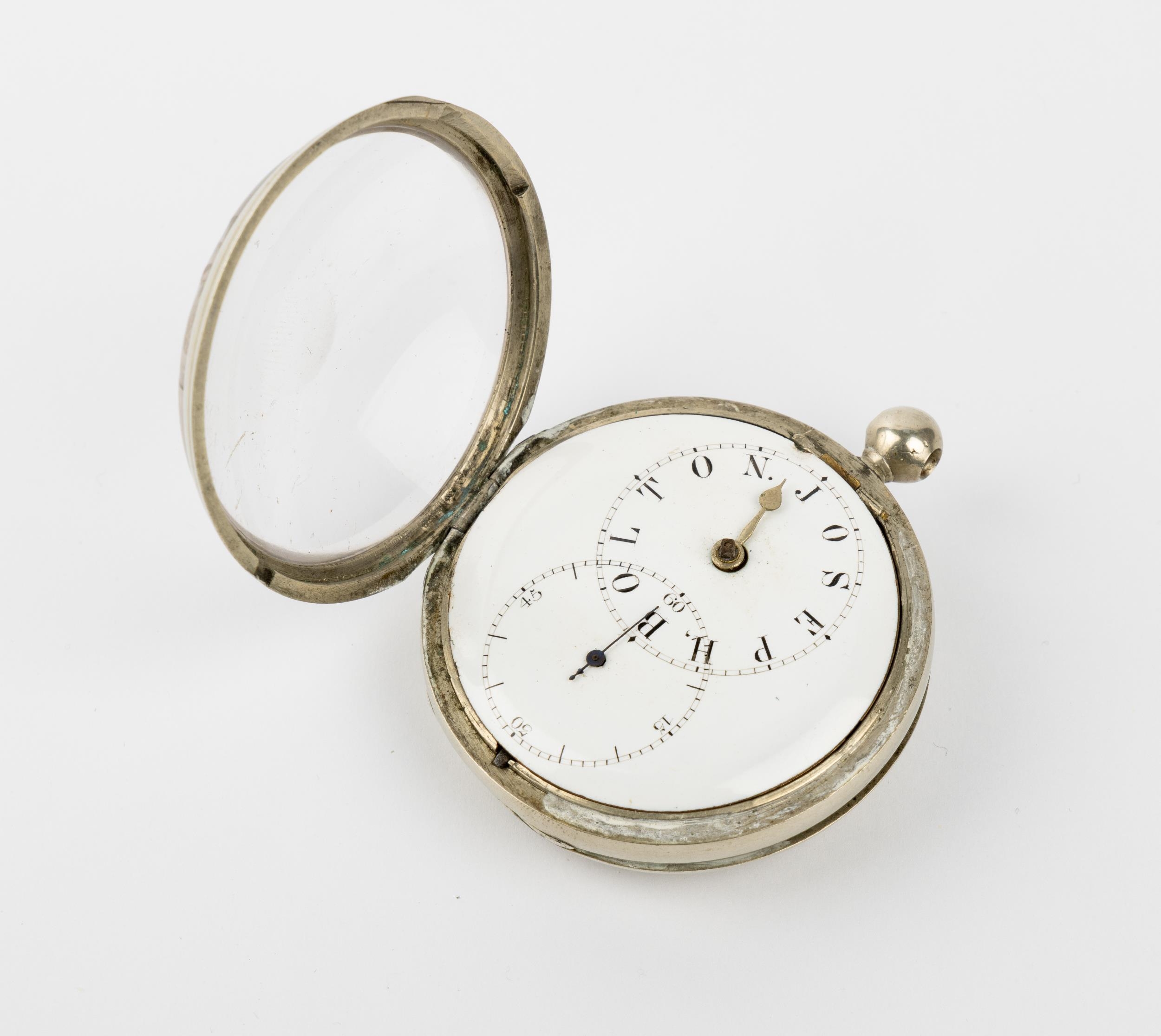 A SILVER VERGE WATCH WITH ECCENTRIC DIAL. Signed G. Booth, London, No 13012, chapters spelling - Image 3 of 4