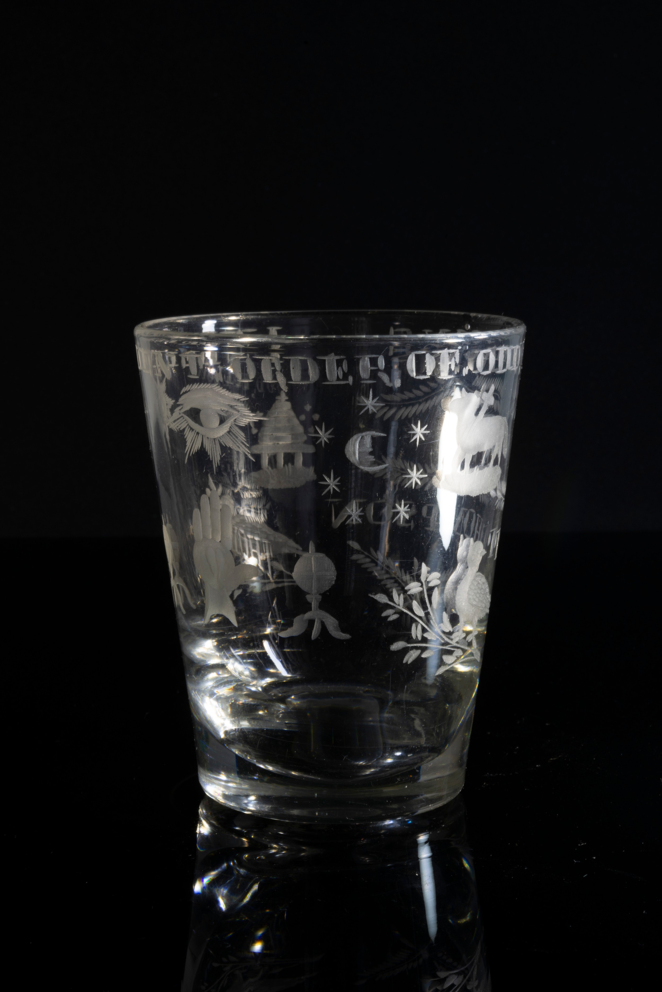 AN ODDFELLOWS TUMBLER CIRCA 1820 Dedicated to 'M A THOMPSON' and engraved with various symbols - Image 2 of 4