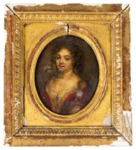 FRENCH SCHOOL, A SMALL OIL PORTRAIT ON COPPER OF ANNE OF AUSTRIA, WIFE OF LOUIS XIII, in a gilt