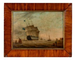 ATTRIBUTED TO WILLIAM JOHN HUGGINS (1781-1845) A TWO-DECK-SHIP LEAVING PORT oil on canvas 31cm X