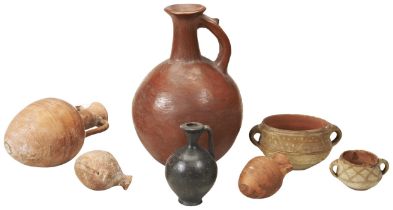 A SMALL ROMAN TERRACOTTA AMPHORA and various other ceramics - various ages. 21cms high max