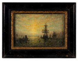 WILLIAM ADOLPHUS KNELL (1805-1875) SHIPS AT SUNSET oil on board 14.5cm 22cm