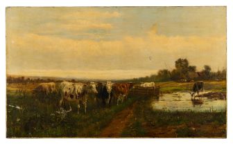 CIRCLE OF ABRAHAM I HULK (1813-1897) 'CATTLE IN A MEADOW' oil on canvas, signed A. HULK 76cm high