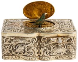A SILVER GILT MUSIC BOX WITH SINGING BIRD, C.1880 The box flat chased with scrolls, flowers and