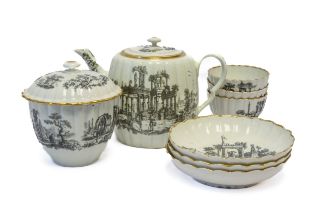 A DR WALL WORCESTER PART TEA SERVICE CIRCA 1775 The fluted body printed with classical ruins,
