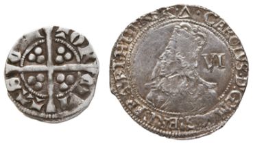 A CHARLES I TOWER SIXPENCE WITH TRIANGLE MINT MARK and an Edward i hammered silver penny.