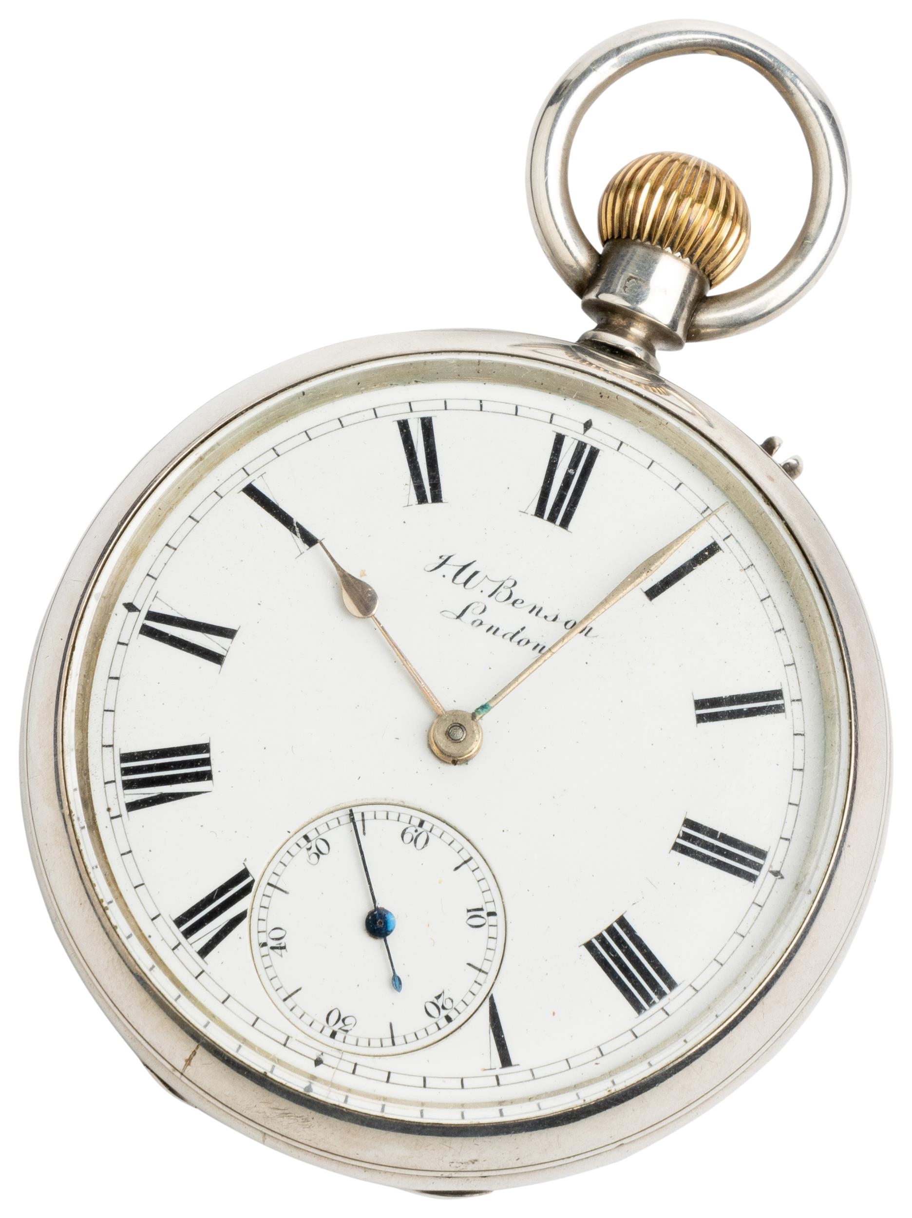 A SILVER KEYLESS LEVER WATCH. Signed J.W.Benson, Ludgate Hill, London, No.577866. The Bank Watch.