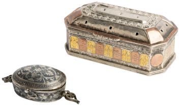 A PRAYER BOX WITH NIELLO DECORATION, OTTOMAN C.1860 Together with a South Asian Cricket box. 7.5 cm.