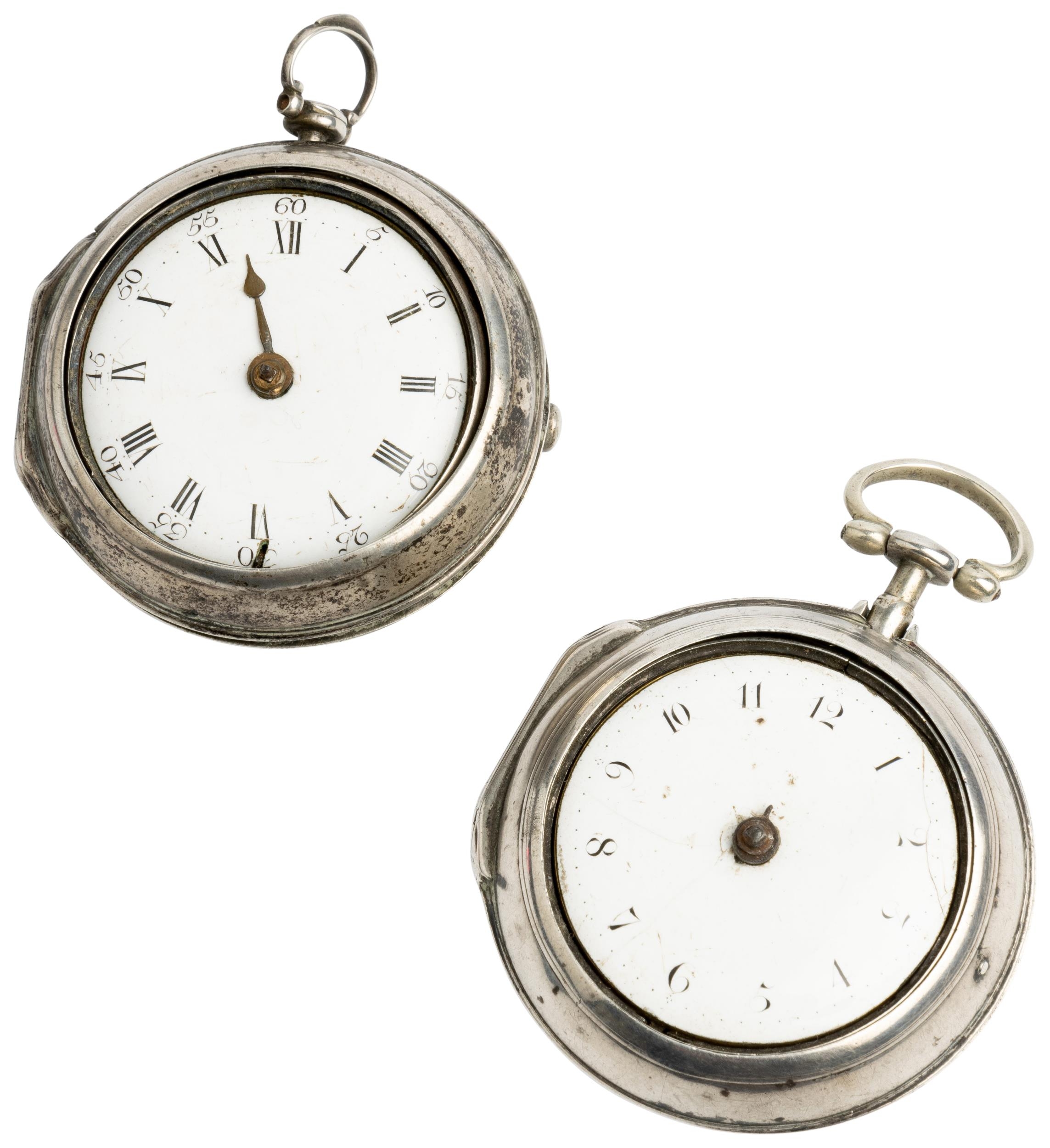 A SILVER PAIR CASED VERGE WATCH. Signed lenvis, London, square baluster pillars, enamel dial with