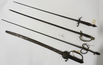 A 17TH CENTURY CONTINENTAL SHORT HUNTING SWORD  with narrow blade, a short 19th century cutlass,