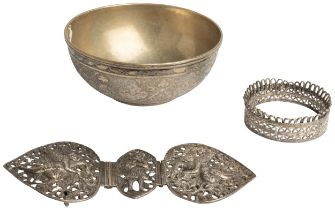 AN ENGRAVED BOWL, ISFAHAN C.1920 Together with and Indian hinged belt buckle embossed with figures