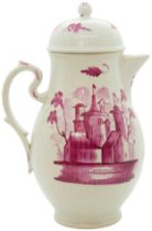 TWO WALLENDORF COFFEE POTS 18TH CENTURY Decorated with puce landscape, 24cms high