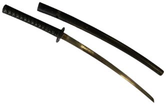 A JAPANESE WAKAZASHI OF PLAIN FORM, the saya with black lacquer finish and with iron tsuba. 94 cms