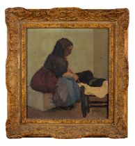 GEORGE BERGEN (20TH CENTURY) SPANISH PEASANT WOMAN SEWING oil on canvas, signed lower right 29cm x