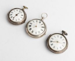 THREE SILVER PAIR CASED VERGE WATCHES. 1st signed Legrave, London, No 348, dust cap, cases plain,