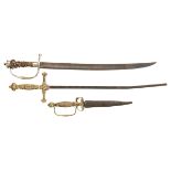 A LATE 18TH CENTURY CONTINENTAL SHORT HUNTING SWORD WITH ANTLER HANDLE, A SHORT DAGGER AND ANOTHER