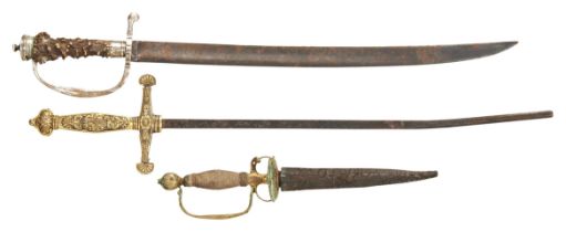 A LATE 18TH CENTURY CONTINENTAL SHORT HUNTING SWORD WITH ANTLER HANDLE, A SHORT DAGGER AND ANOTHER
