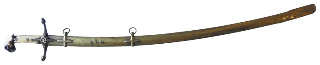 A 'MAMLUKE' STYLE SWORD BY MOORE & CO., with ivory grip, etched blade and brass scabbard. 93 cms