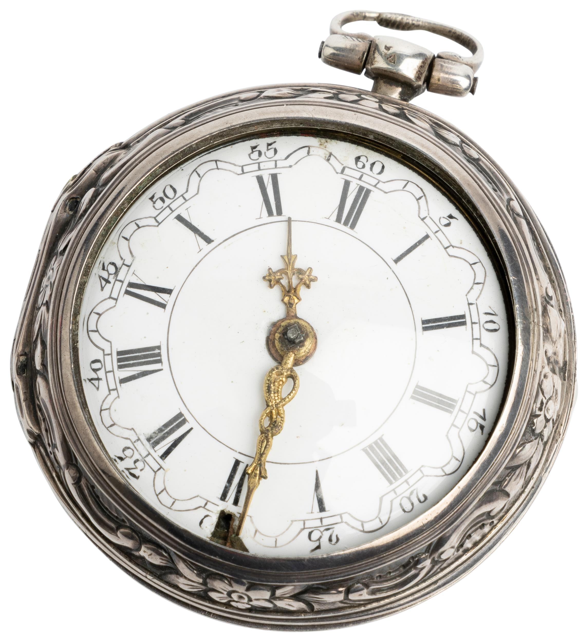 A SILVER REPOUSSE PAIR CASED VERGE WATCH. Signed Stoakes, London, No 29291, square baluster pillars,