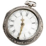 A SILVER REPOUSSE PAIR CASED VERGE WATCH. Signed Stoakes, London, No 29291, square baluster pillars,