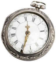 A SILVER REPOUSSE PAIR CASED VERGE WATCH. Signed Stoakes, London, No 29291, square baluster pillars,