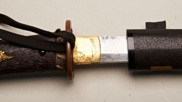 A GOOD JAPANESE TANTO WITH FINALLY DETAILED KABUTO GANE, TSUKA-AI, FUCHI AND SIGNED BRONZE TSUBA,