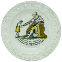 AN EARLY CHILDS PLATE DEPICTING KING GEORGE III CIRCA 1810 Decorated in Pratt type colours, the