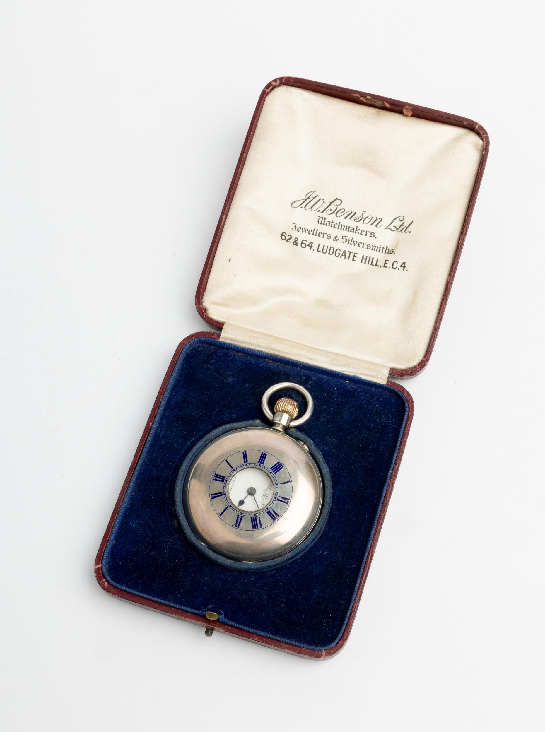 A SILVER HALF HUNTING CASED KEYLESS LEVEL WATCH. Signed J.W.Benson, Ludgate Hill, London, No.11961, - Image 2 of 4
