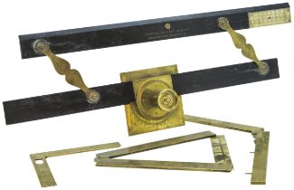 A 19TH CENTURY FOLDING BRASS RULER SIGNED BUTTERFIELD A PARIS, a Dollond folding brass ruler and set