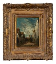 ATTRIBUTED TO CONSTANT TROYON (1810-1865) VILLAGE SCENE oil on canvas 29cm x 24cm