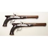 W. PARKER; A PAIR OF SAW HANDLED PERCUSSION SPORTING PISTOLS WITH OCTAGONAL DAMASCUS BARRELS, ‘gold’