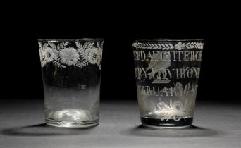 A GLASS COMMEMORATIVE TUMBLER ENGRAVED 'BETTY DAUGHTER OF JAMES, BETTY LOVIBOND BORN FEBRUARY 8TH