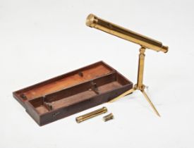 A GEORGIAN BRASS TELESCOPE ENGRAVED BERGES LATE RAMSDEN, LONDON, with folding brass mahogany base in