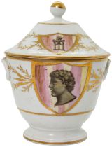 A NEOCLASSICAL SUCRIER CIRCA 1820 Decorated with male and female heads within shields, 14cms high.