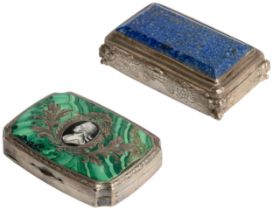 A HARD STONE MOUNTED TABLE SNUFF BOX, GERMAN C.1870 Together with an enamelled example with a