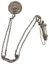 A VICTORIAN MILITARY ISSUE SILVER WHISTLE HALLMARKED for Birmingham 1859 with chain and lions head