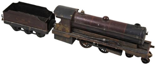 O GAUGE BOWMAN LIVE STEAM 4.4.0 LMS PASSENGER LOCO and tender, poor condition, some rust.