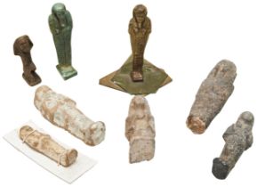 AN ANCIENT EGYPTIAN UNGLAZED TERRACOTTA USHABTI FIGURE, two glazed Ushabti's and five other