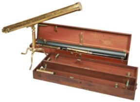 A VICTORIAN BRASS LIBRARY TELESCOPE WITH A FOLDING BRASS TRIPOD STAND IN A MAHOGANY&TRANSIT CASE and