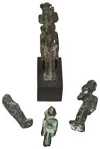 AN ANCIENT EGYPTIAN SEATED BRONZE FIGURE OF ISIS-HATHER (?). Now degraded and mounted on a wooden