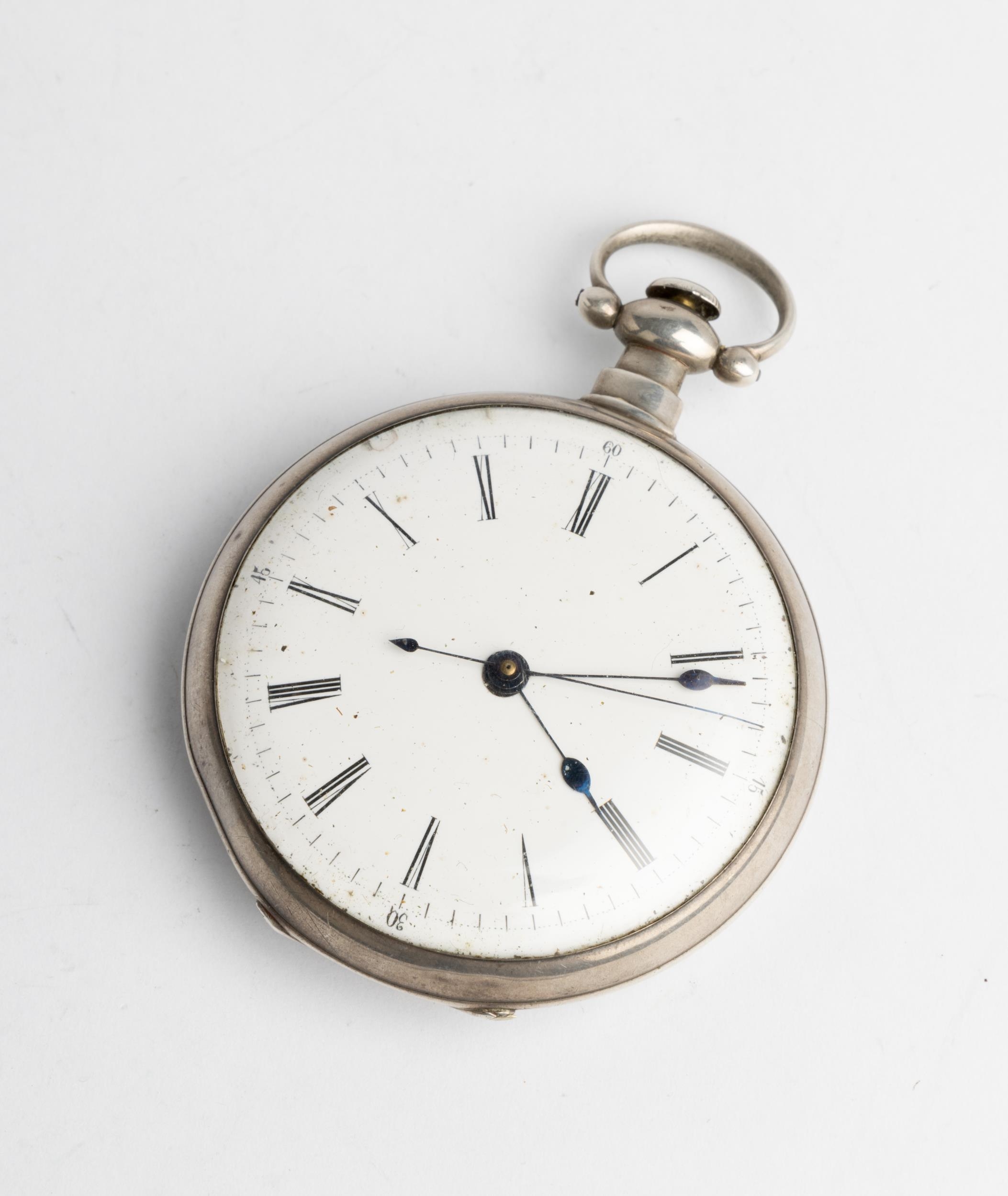 A WHITE METAL CENTRE SECONDS LEVER WATCH FOR THE CHINESE MARKET. White enamel dial, movement fully