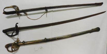 E. THURKLE; A VICTORIAN OFFICER SWORD WITH BRASS CAGED HILT AND VR CIPHER AND FISH SKIN grip, the