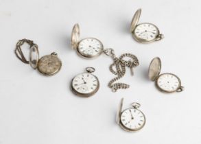 SIX VARIOUS SILVER WATCHES. 3 hunting cased, 3 open faced and 2 chains. (6)