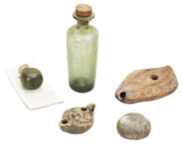 A LATE MEDIEVAL GLASS PHIAL, another smaller, a small glass ungent phial, probably Roman, two