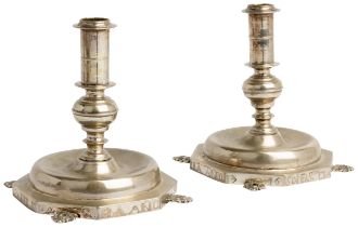 A PAIR OF DWARF CANDLESTICKS ON OCTAGONAL BASES, SOUTH AMERICAN C.1870 12.5 cm. 462 g.