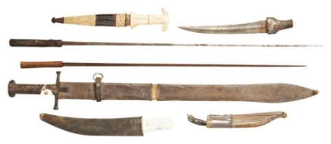 A SIAMESE KNIFE WITH ORNATE STEEL AND BRASS MELDED BLADE, A NORTH AFRICAN DAGGER WITH CAMEL BONE